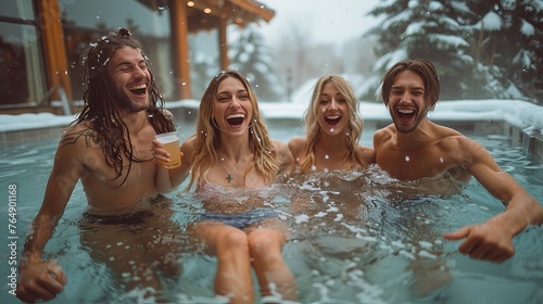 A group of men and women are in a pool, laughing and splashing each other © jiawei