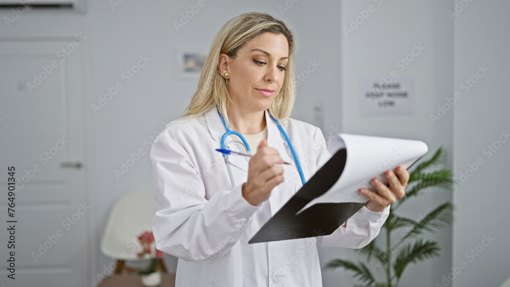 Young blonde woman doctor writing medical report at clinic waiting room Young blonde woman doctor writing medical report at clinic waiting room