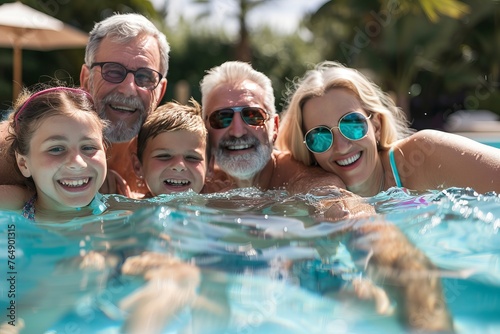 A family of four is posing in a pool, with the man wearing sunglasses