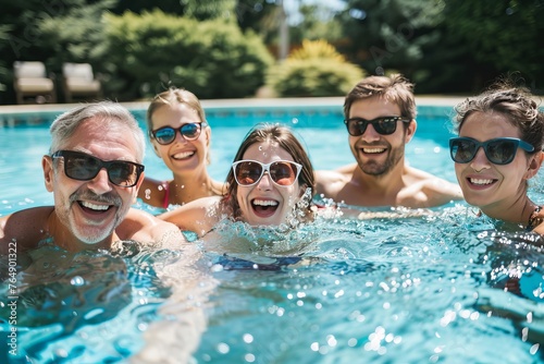 A group of men and women are in a pool, laughing and splashing each other