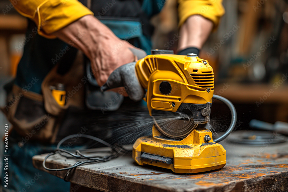 Person Using Power Tool on Wood Person Using Power Tool on Wood
