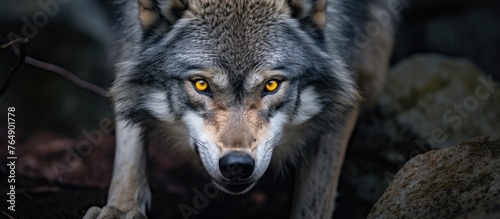 In the woods, a wolf with distinctive yellow eyes is strolling through the natural surroundings photo