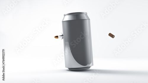 Shot of shooting bullet to silver canned with shell, 3d rendering, business success concept design, blank empty space for copy, white color background.