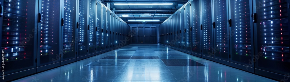 An advanced data facility features neatly organized server racks in a dimly lit environment, accentuated by vibrant LED lighting, highlighting the intricacies of information storage.