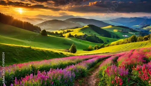 a beautiful view of the countryside with flowers blooming