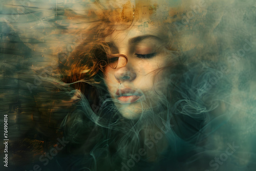 Cinematic blur art photography of a woman face with mood, a blurred motion camera photography of people, concept art for illustration of psychological problems, for music album or book covers