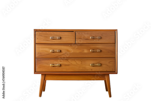 Mid-Century Wooden Chest of Drawers with Metal Handles - Isolated on Transparent White Background PNG 