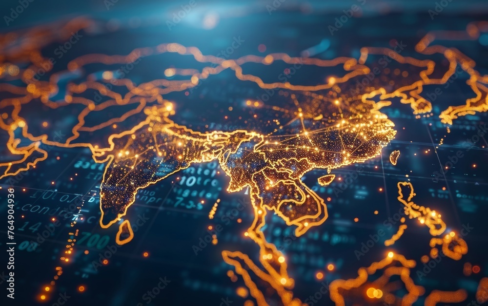 The Asian map in a digital format showcases the interconnectedness of the world through network technology, allowing for seamless data transfer, cyber advancements