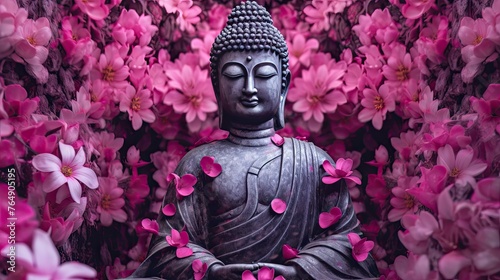 Buddha sits in front of garden