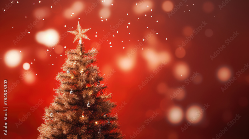 Miniature Christmas tree with blurred bokeh red gold light background on wood table with snowflake, snowdrift and copy space. Christmas, New Year, Valentine or Birthday celebration holiday concept. Miniature Christmas tree with blurred bokeh red gold light background on wood table with snowflake, snowdrift and copy space. Christmas, New Year, Valentine or Birthday celebration holiday concept.