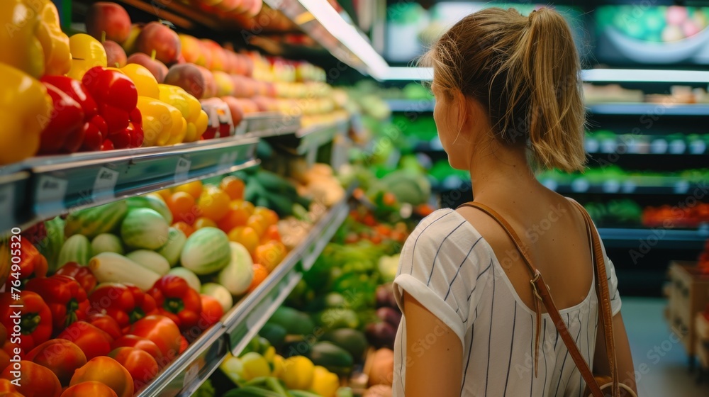 Woman Standing in Front of Fruits and Vegetables Display