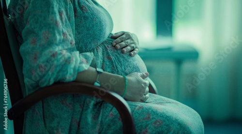 Pregnant woman sitting in a chair. Close-up.