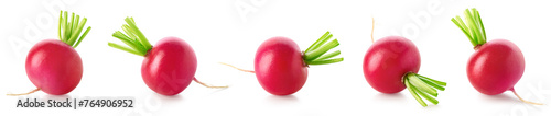 Collection of fresh small garden radishes on white background