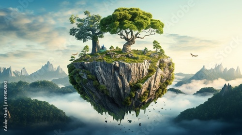 An illustration of a tree growing on a floating cliff. The tree is surrounded by clouds of mist. The mist is white and fine © akhmad