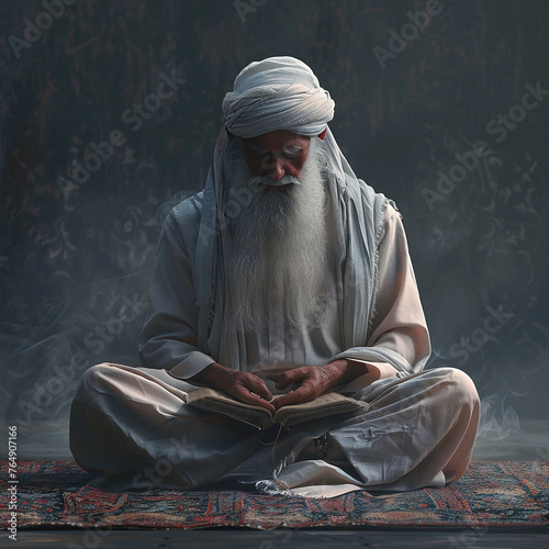 An Islamic saint is seated cross-legged on the ground with a Quran in front of him.



 photo