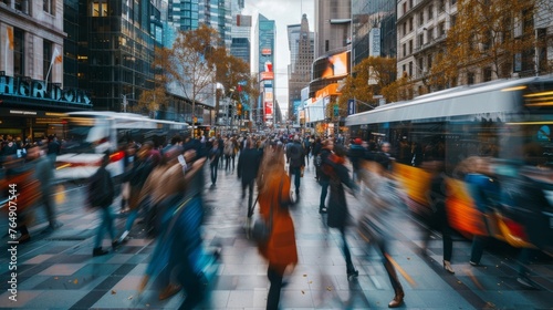 Long exposure shot of a crowded business district, with a blur of professionals walking briskly along the sidewalks during rush hour