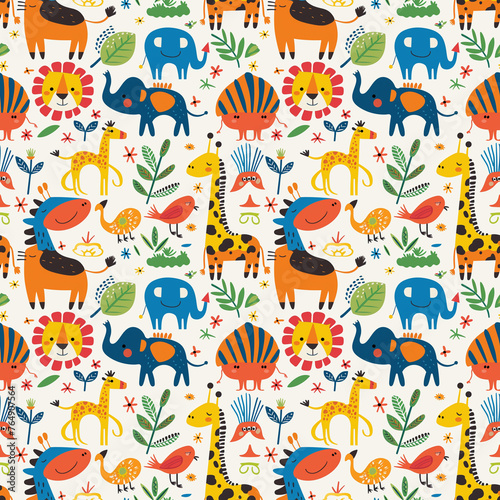Playful Animals Marching in Parade Through the Jungle Print