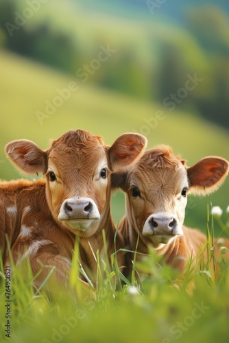 Two brown cows are laying in the grass, looking at the camera