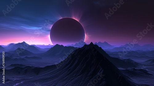 A large purple planet is floating in the sky above a vast  empty landscape