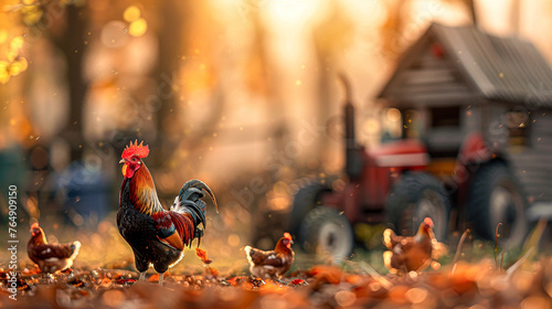A rooster is standing in a field next to a tractor and a chicken coop. The scene is peaceful and serene, with the rooster looking out over the landscape