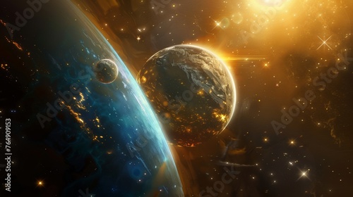 A space scene with a blue planet and a yellow planet