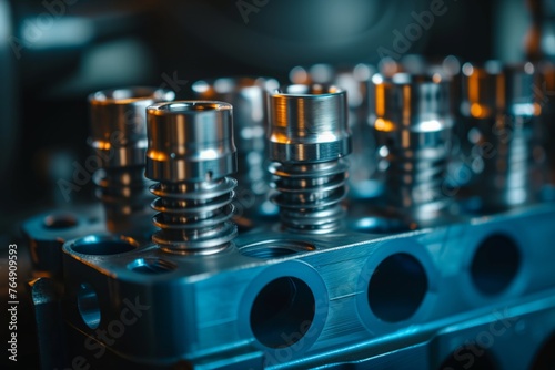Precision engineered metallic parts line up on an assembly unit, reflecting technological prowess in manufacturing. Rows of gleaming metal components showcase industrial craftsmanship