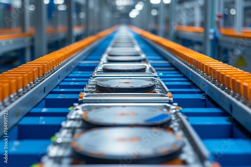 Conveyor belts transport reflective hard disks in a pristine factory setting, symbolizing mass storage production. An immaculate assembly line moves numerous data storage disks