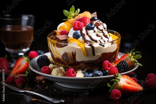 Chocolate dessert with fruits and cream indulgence, generative IA