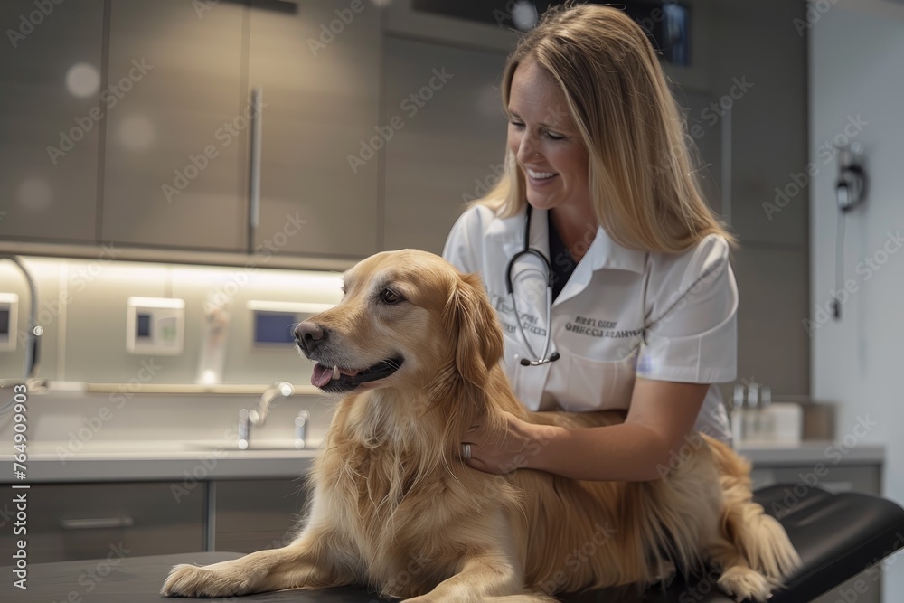 A cheerful Golden Retriever receives a checkup from a caring female veterinarian in a well-equipped veterinary clinic, illustrating the kind and professional healthcare services for pets. A cheerful Golden Retriever receives a checkup from a caring female veterinarian in a well-equipped veterinary clinic, illustrating the kind and professional healthcare services for pets.