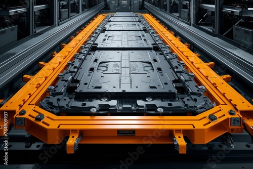 Assembly line rollers convey a car body in a vehicle manufacturing plant, showcasing systematic automotive assembly. Car manufacturing progresses as a vehicle frame moves on conveyor rollers inside