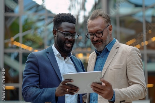 Two business colleagues with multicultural background smiling while looking at data on tablet in modern office environment. © Riz