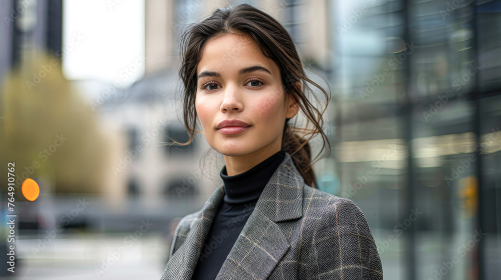 A woman wearing a black and gray jacket stands in front of a building. She has a serious expression on her face A woman wearing a black and gray jacket stands in front of a building. She has a serious expression on her face