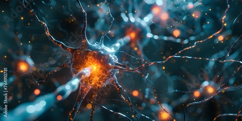 Neuroscience concept with brain stem cells firing and nervous system closeup. Concept Neuroscience, Brain Stem Cells, Nervous System, Cellular Communication, Neurological Signaling © Ян Заболотний