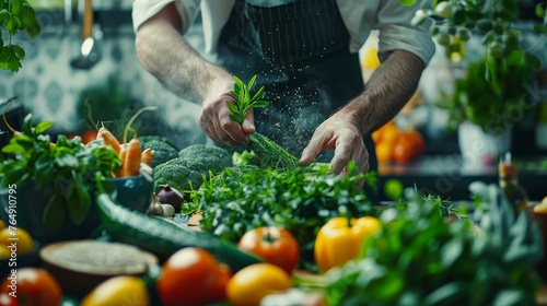 A professional chef is sprinkling fresh herbs on a culinary dish in a sustainable organic kitchen, surrounded by various types of vegetables and greenery.
