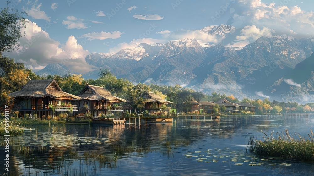 Fototapeta premium Serene Lakeside Scenery with Traditional Waterfront Houses and Mountain Backdrop