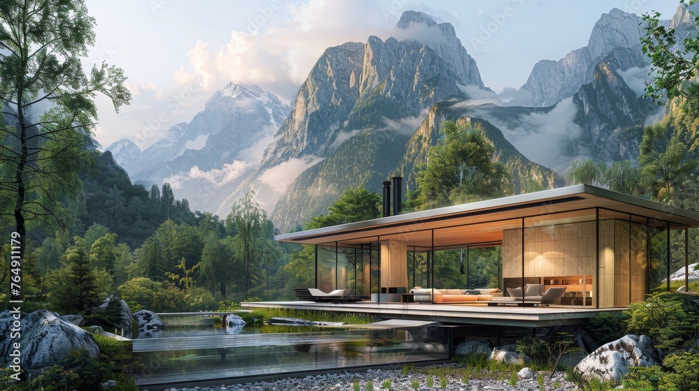 Naklejka premium The house's modern architecture with glass walls overlooks a calm lake with stunning views of the forest and mountains, creating perfect harmony between contemporary design and nature.