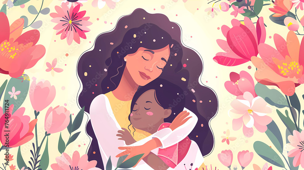 Happy Mother's day website banner.Mother hugging lovely daughter with flowers background.flat vector illustration. Happy Mother's day website banner.Mother hugging lovely daughter with flowers background.flat vector illustration.