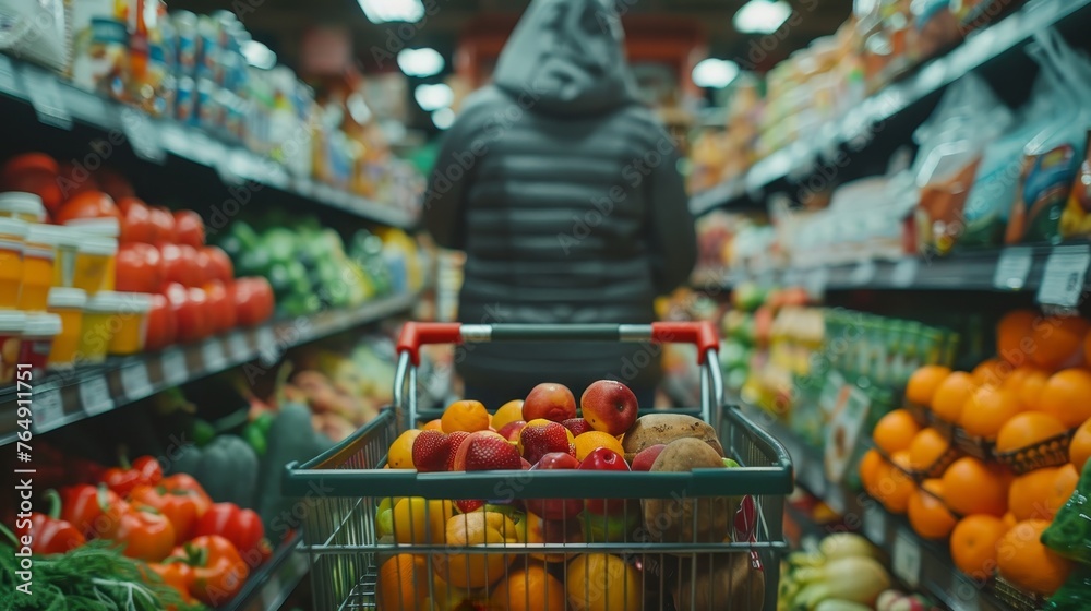 A consumer is selecting fresh produce in a grocery store, checking the quality of the fruits and vegetables available.