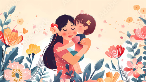 Happy Mother\'s day website banner.Mother hugging lovely daughter with flowers background.flat vector illustration.