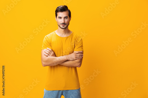 Man smiling lifestyle gesture trendy copy background portrait studio style laughing arm fashion space
