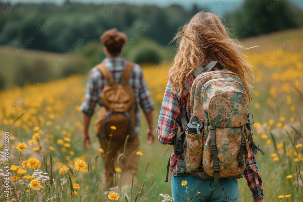 Hikers walk through meadow, wildflowers in bloom, exploration in nature, focus on woman's backpack, adventure in the wild. Backs to camera, trekking couple navigate through floral field