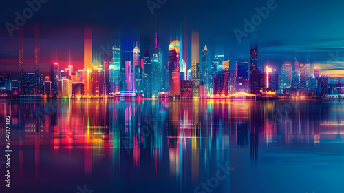 Neon Cityscape Abstract Background with Urban Sprawl Reflections