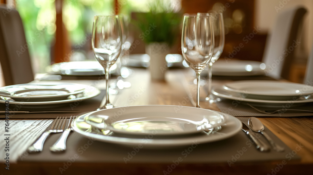 Elegant table setting with wine glasses.