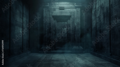 Mysterious corridor with eerie blue lighting.