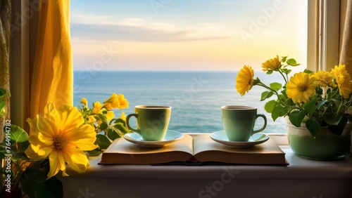 a window with a few cups of coffee and books overlooking the sea, fresh green american style, spring fresh flower garden photo, fresh morning air bright sunrise