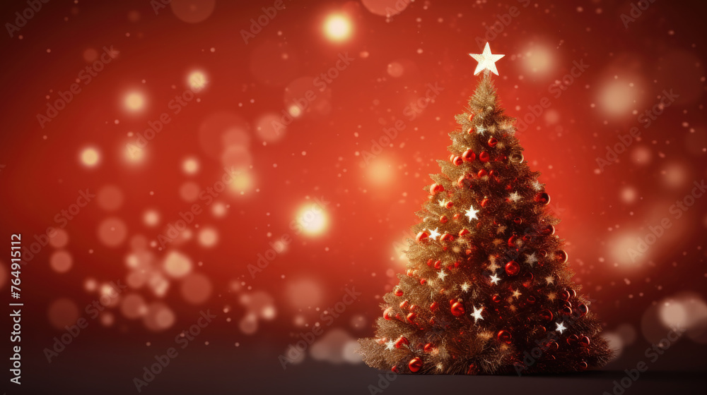 Miniature Christmas tree with blurred bokeh red gold light background on wood table with snowflake, snowdrift and copy space. Christmas, New Year, Valentine or Birthday celebration holiday concept. Miniature Christmas tree with blurred bokeh red gold light background on wood table with snowflake, snowdrift and copy space. Christmas, New Year, Valentine or Birthday celebration holiday concept.