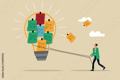 Ideation, Collect ideas, brainstorming to gather new ideas, team collaboration, finding solutions, A businessman gives shape to better ideas.