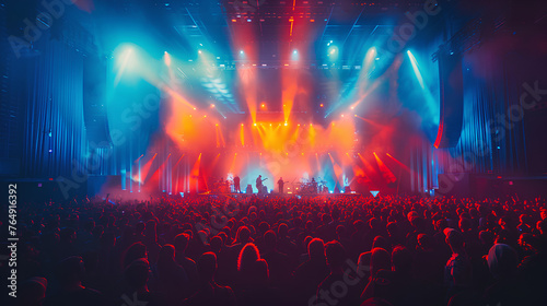 Rock show performance, with people silhouette, on a dance floor air during a concert festival