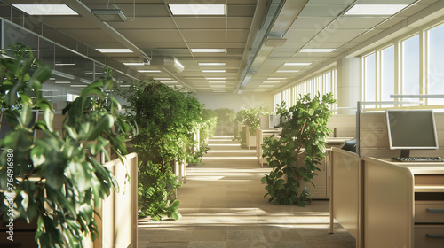 Empty office cubicles with overgrown house desk plants modern work office computer during the day lighting
