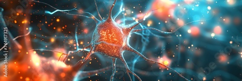 Neuron with fiery synapses on a blue neural network background photo